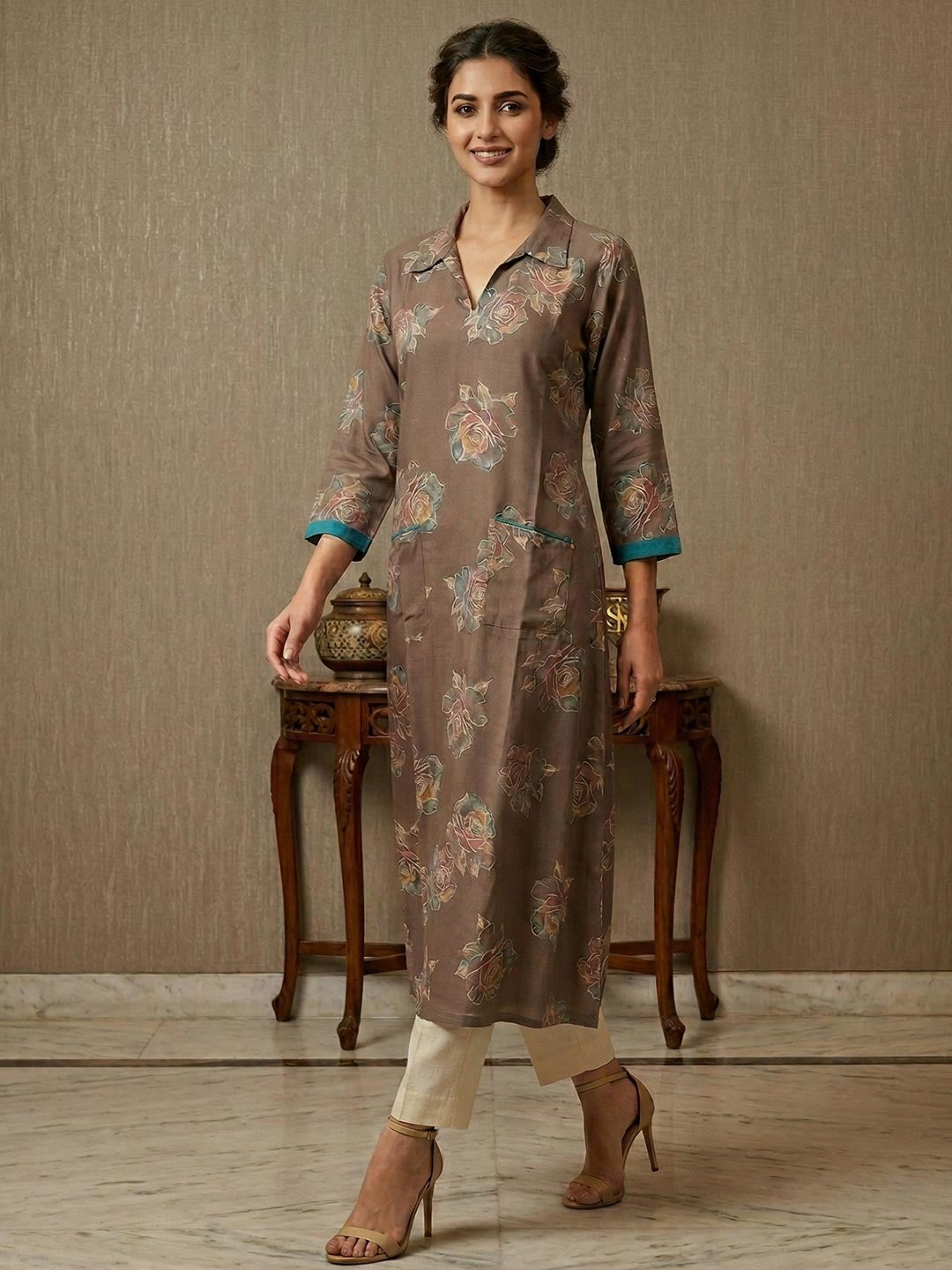 Grey Floral Printed Viscose Kurti with Collar Neck - Image 1