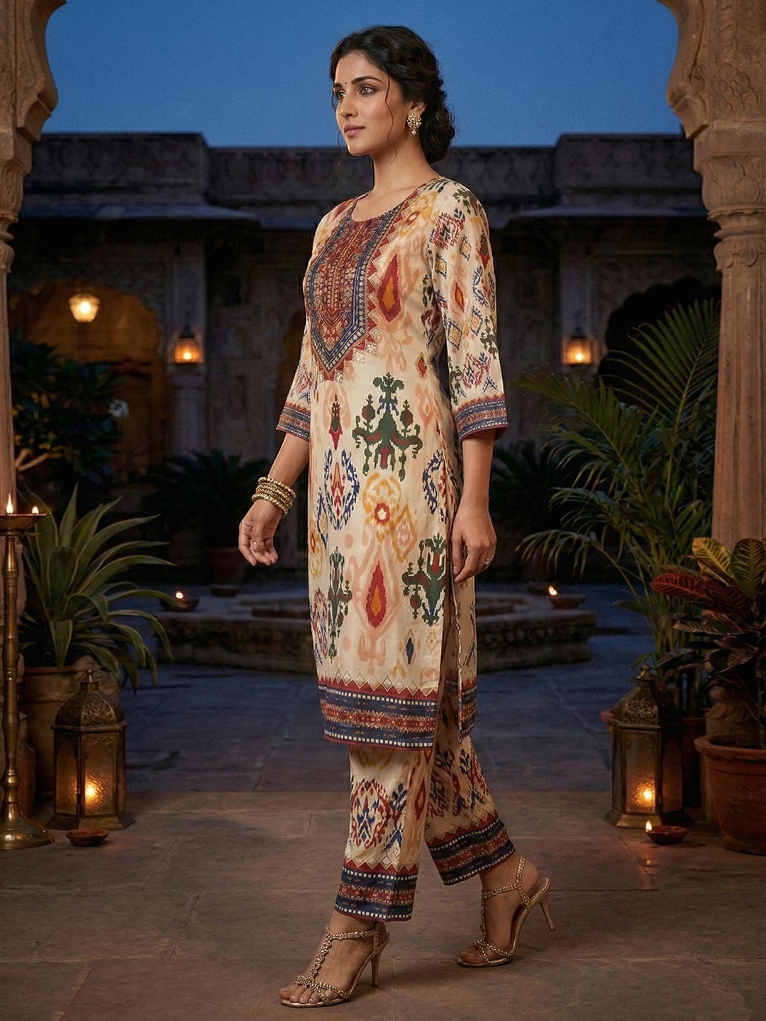 Offwhite Ikkat Print Crepe Top and Bottom Set with Soft Flowing Fabric - Image 2