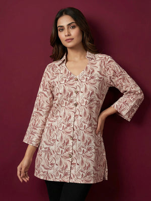 Offwhite Floral Printed Pure Cotton Top with Collar Neck - Image 1