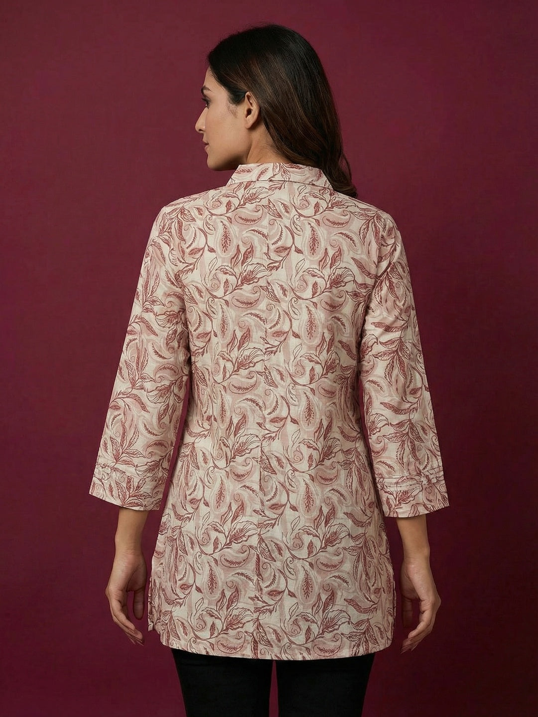 Offwhite Floral Printed Pure Cotton Top with Collar Neck - Image 4