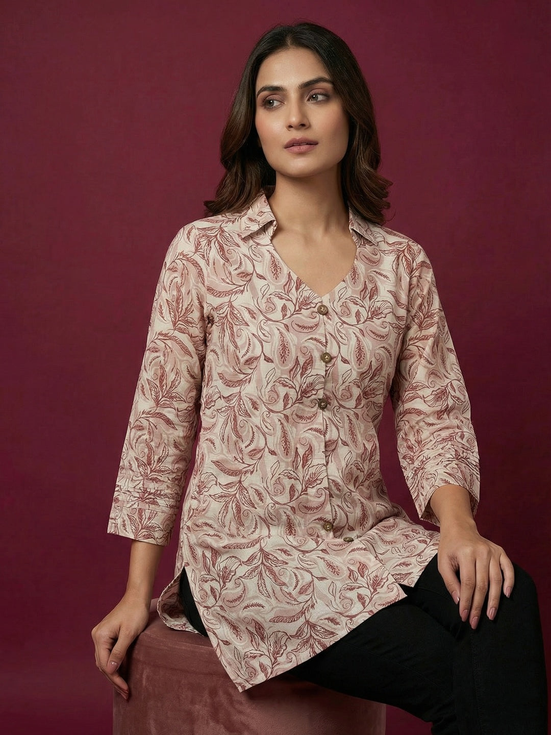 Offwhite Floral Printed Pure Cotton Top with Collar Neck - Image 2