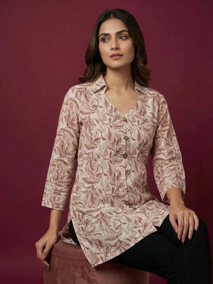 Offwhite Floral Printed Pure Cotton Top with Collar Neck - Image 2