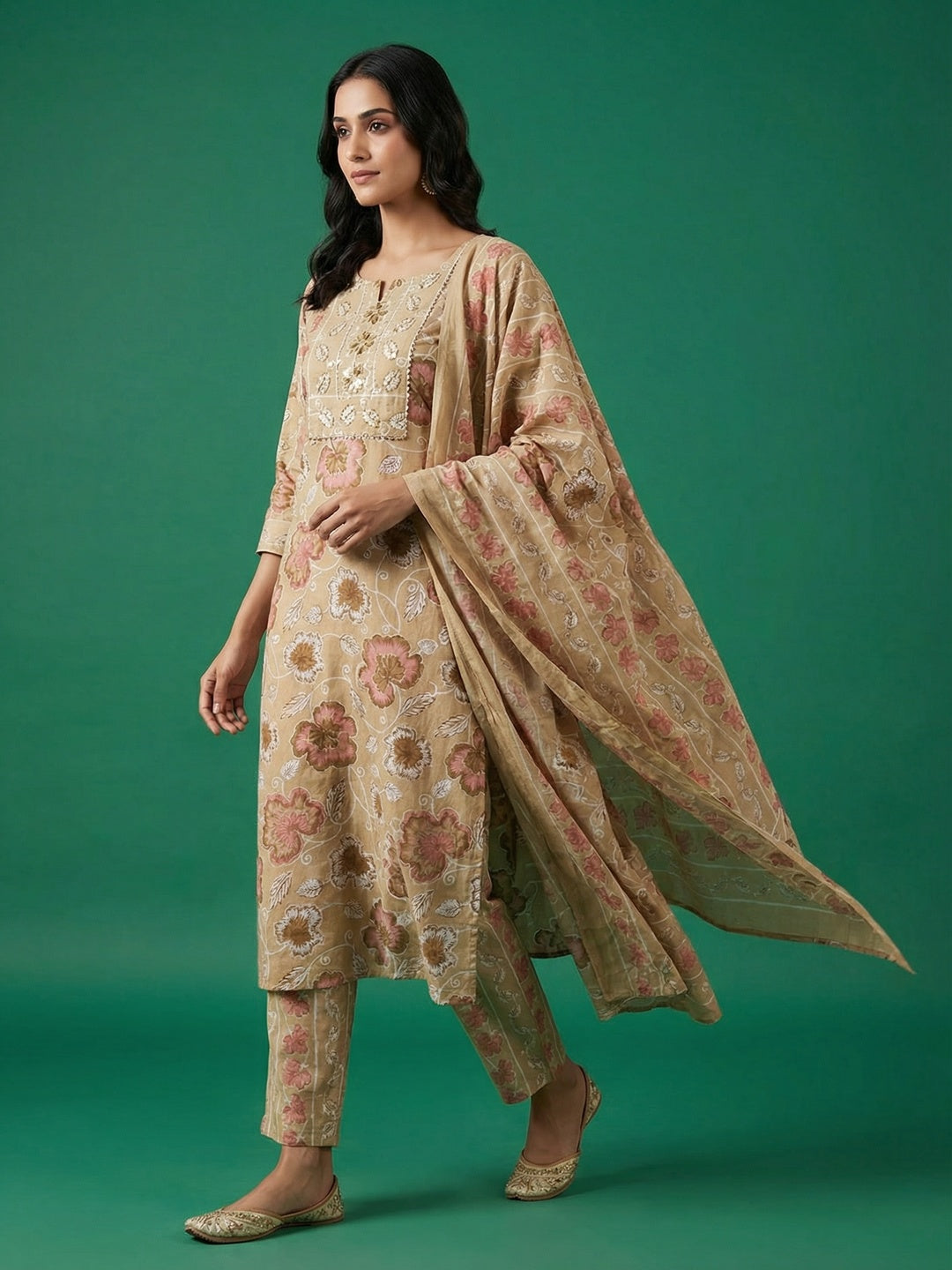 Yellow Floral Printed Pure Cotton Salwar Suit with Dupatta for Timeless Ethnic Elegance - Image 1