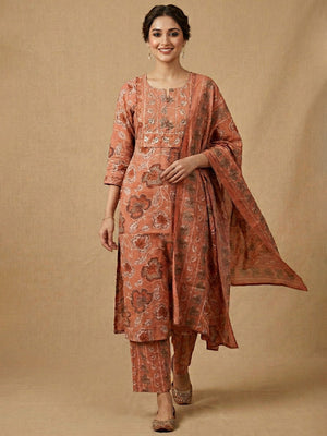 Peach Floral Printed Pure Cotton Salwar Suit with Dupatta for Timeless Ethnic Elegance - Image 1