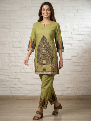 Green Pure Cotton Top Bottom Set with Tree & Elephant Print - Image 1