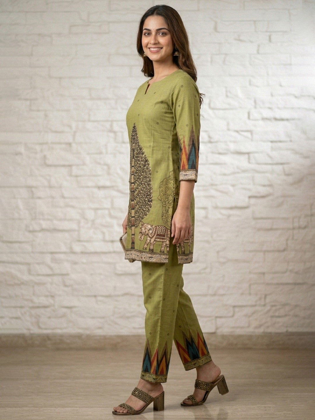 Green Pure Cotton Top Bottom Set with Tree & Elephant Print - Image 2