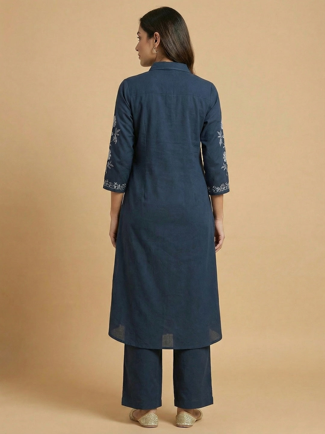 Navy Blue Viscose Top Bottom Ensemble with Elegant Floral Embroidered Accents - Image 4
