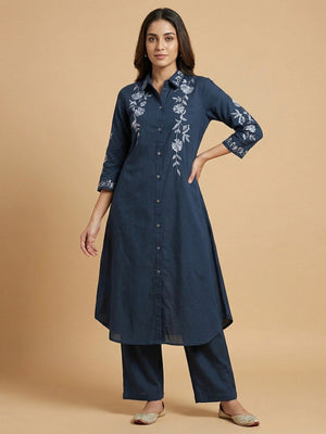 Navy Blue Viscose Top Bottom Ensemble with Elegant Floral Embroidered Accents - Image 1