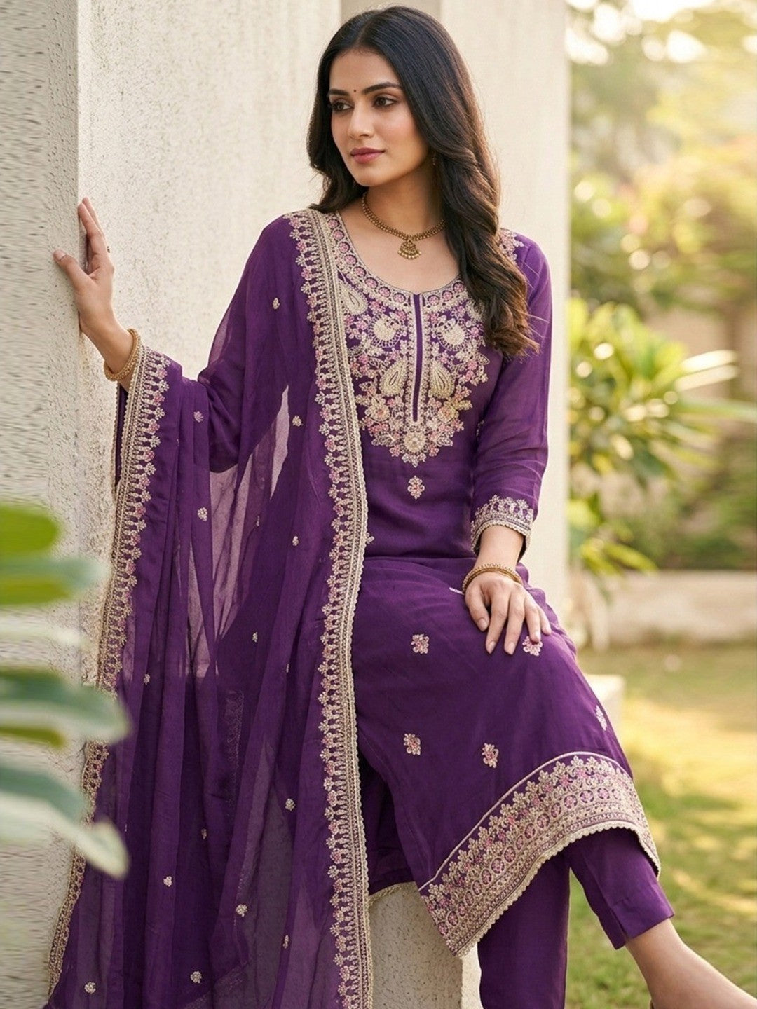 Purple Cotton Silk Embroidered Dress Material Set with Soft Fabric and Festive Appeal - Image 1