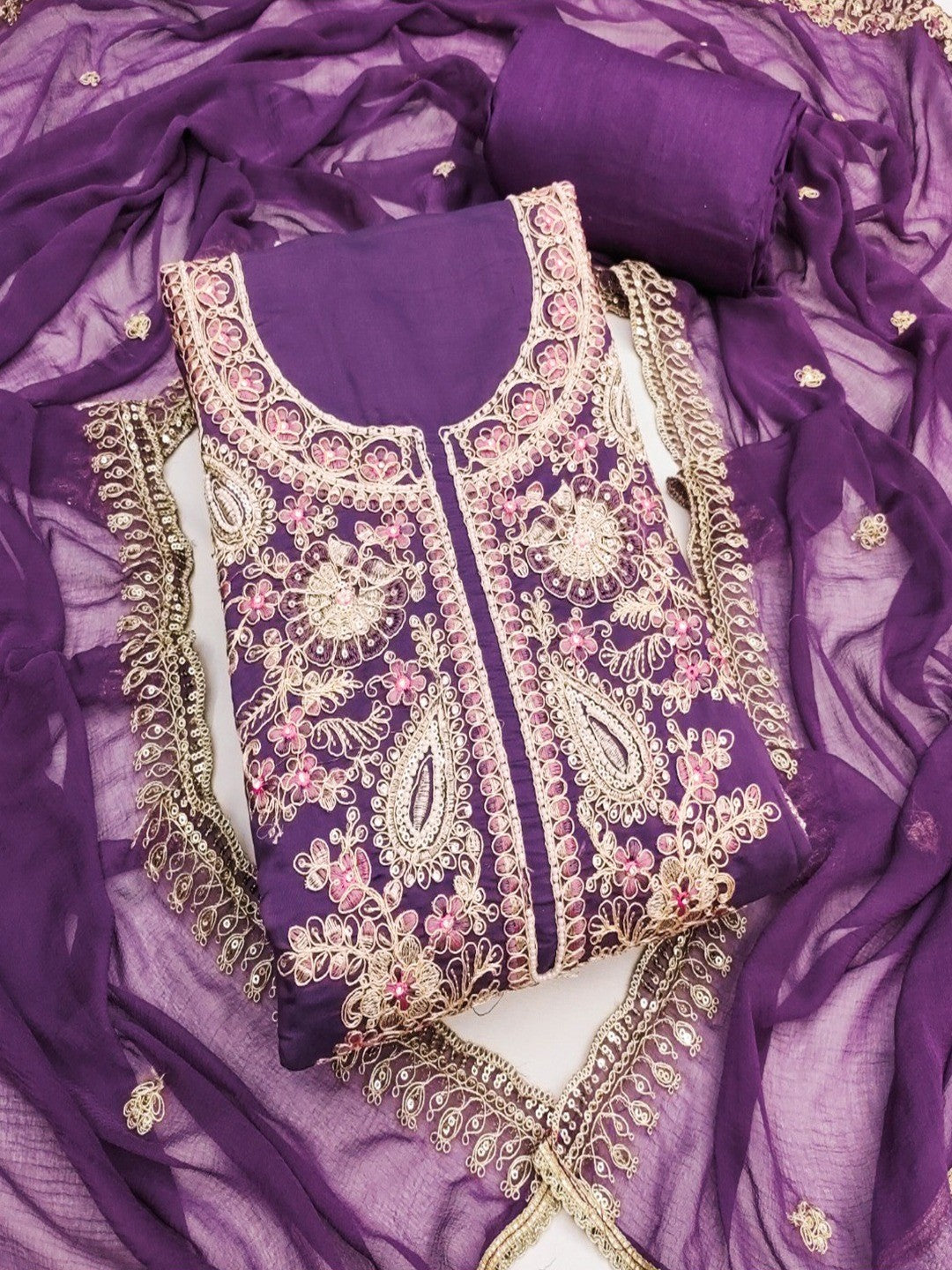 Purple Cotton Silk Embroidered Dress Material Set with Soft Fabric and Festive Appeal - Image 3