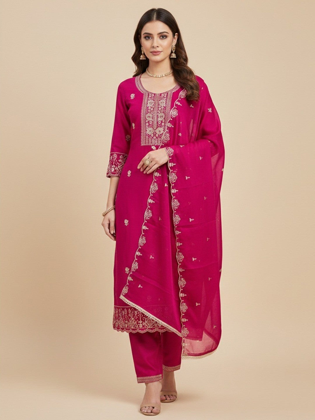 Pink Cotton Silk Embroidered Dress Material Set with Soft Fabric and Festive Appeal - Image 2