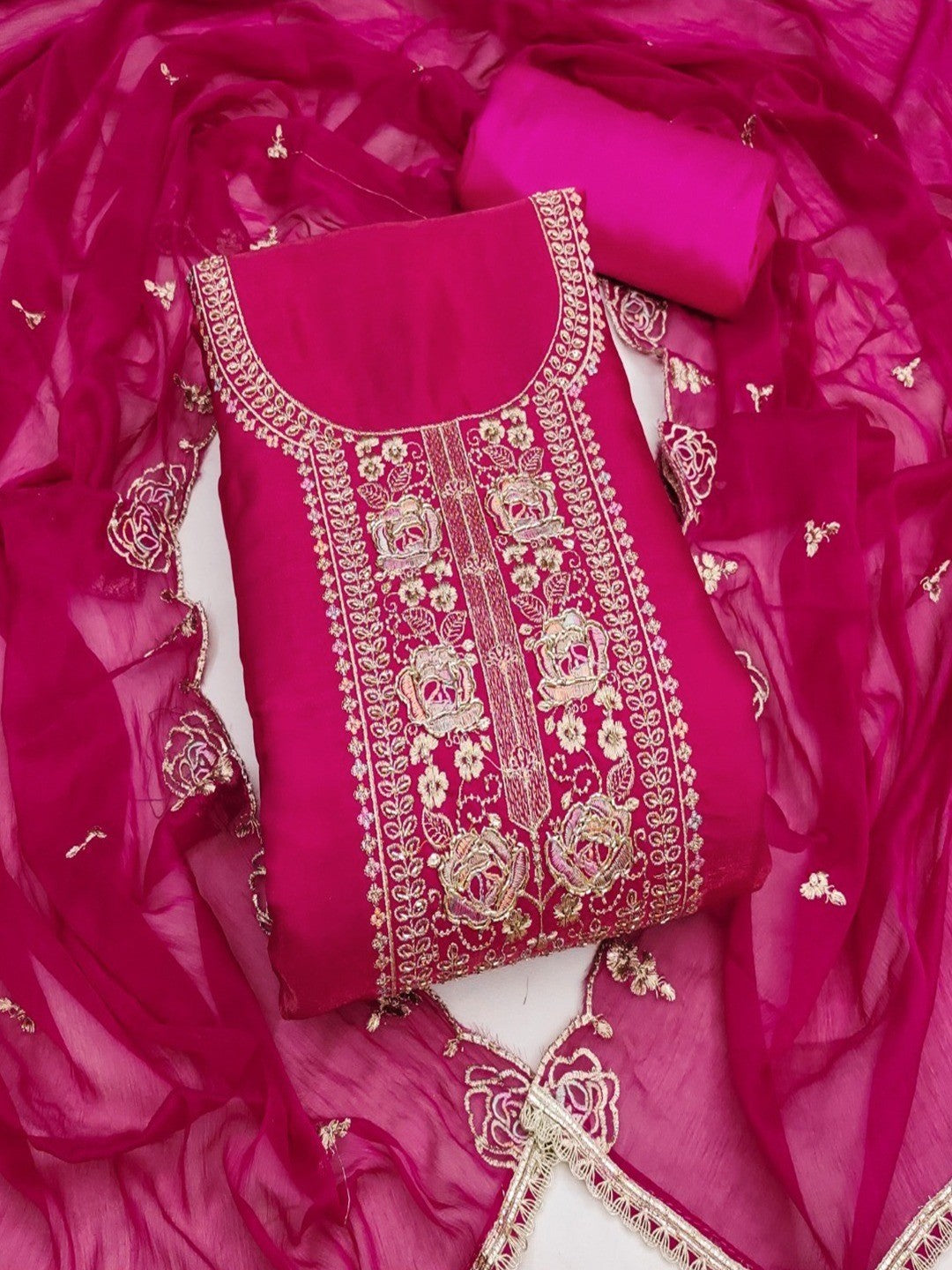 Pink Cotton Silk Embroidered Dress Material Set with Soft Fabric and Festive Appeal - Image 1
