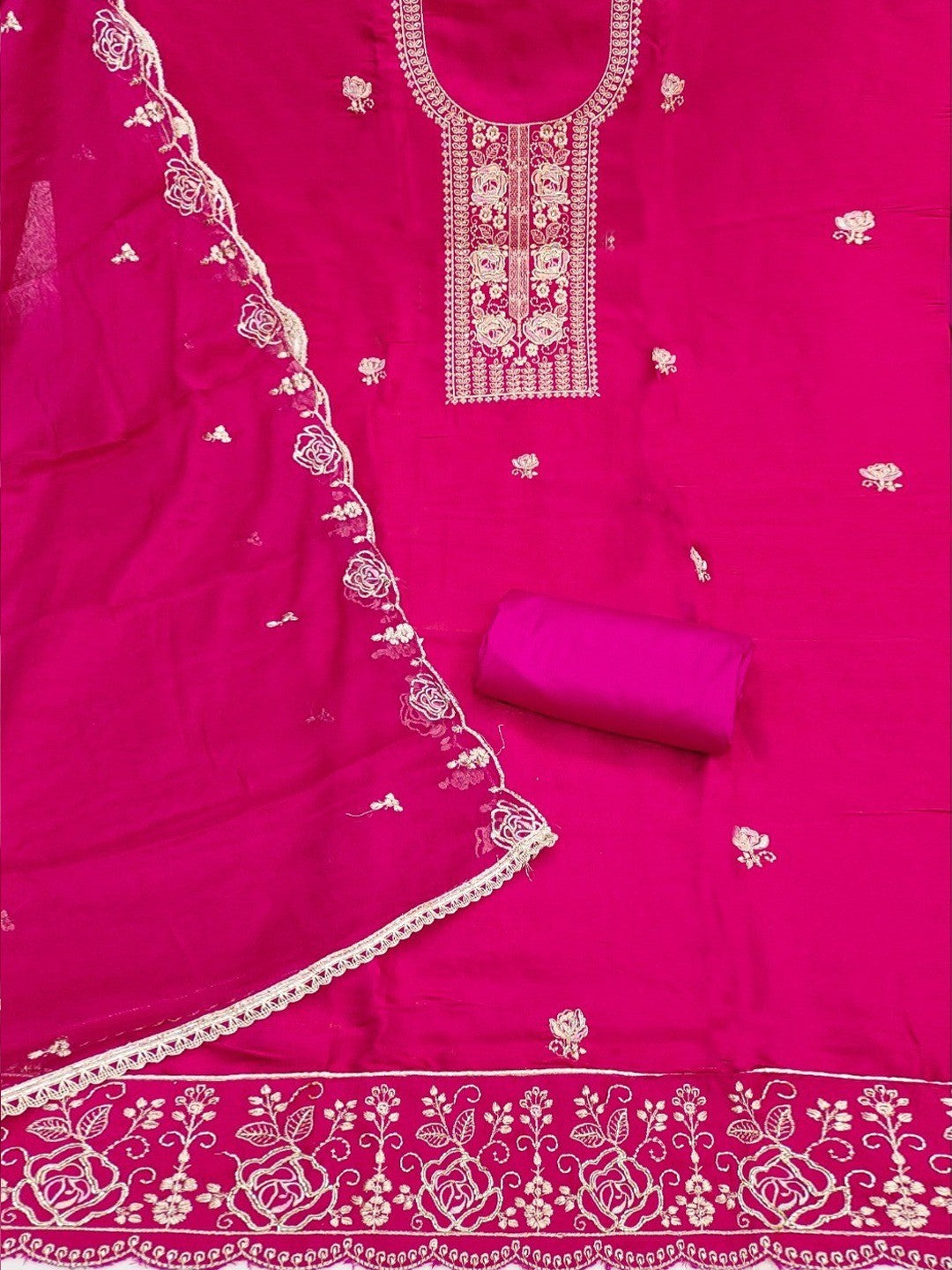 Pink Cotton Silk Embroidered Dress Material Set with Soft Fabric and Festive Appeal - Image 3