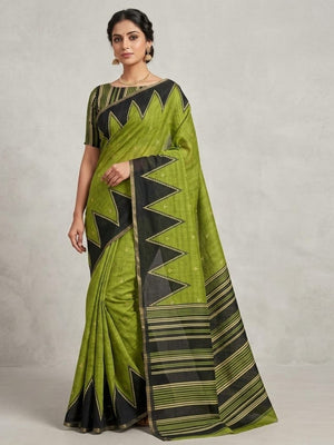 Luxury Green Zig Zag & Striped Printed Chanderi Silk Saree With Weaving Border - Image 1
