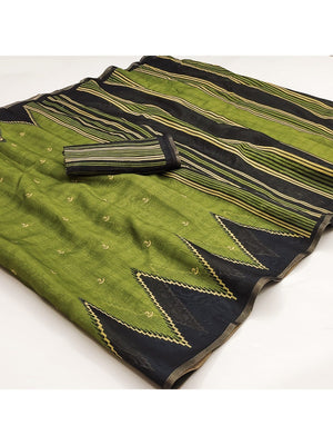 Luxury Green Zig Zag & Striped Printed Chanderi Silk Saree With Weaving Border - Image 2