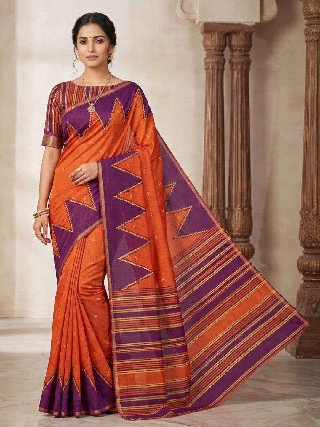 Luxury Orange Zig Zag & Striped Printed Chanderi Silk Saree With Weaving Border - Image 1
