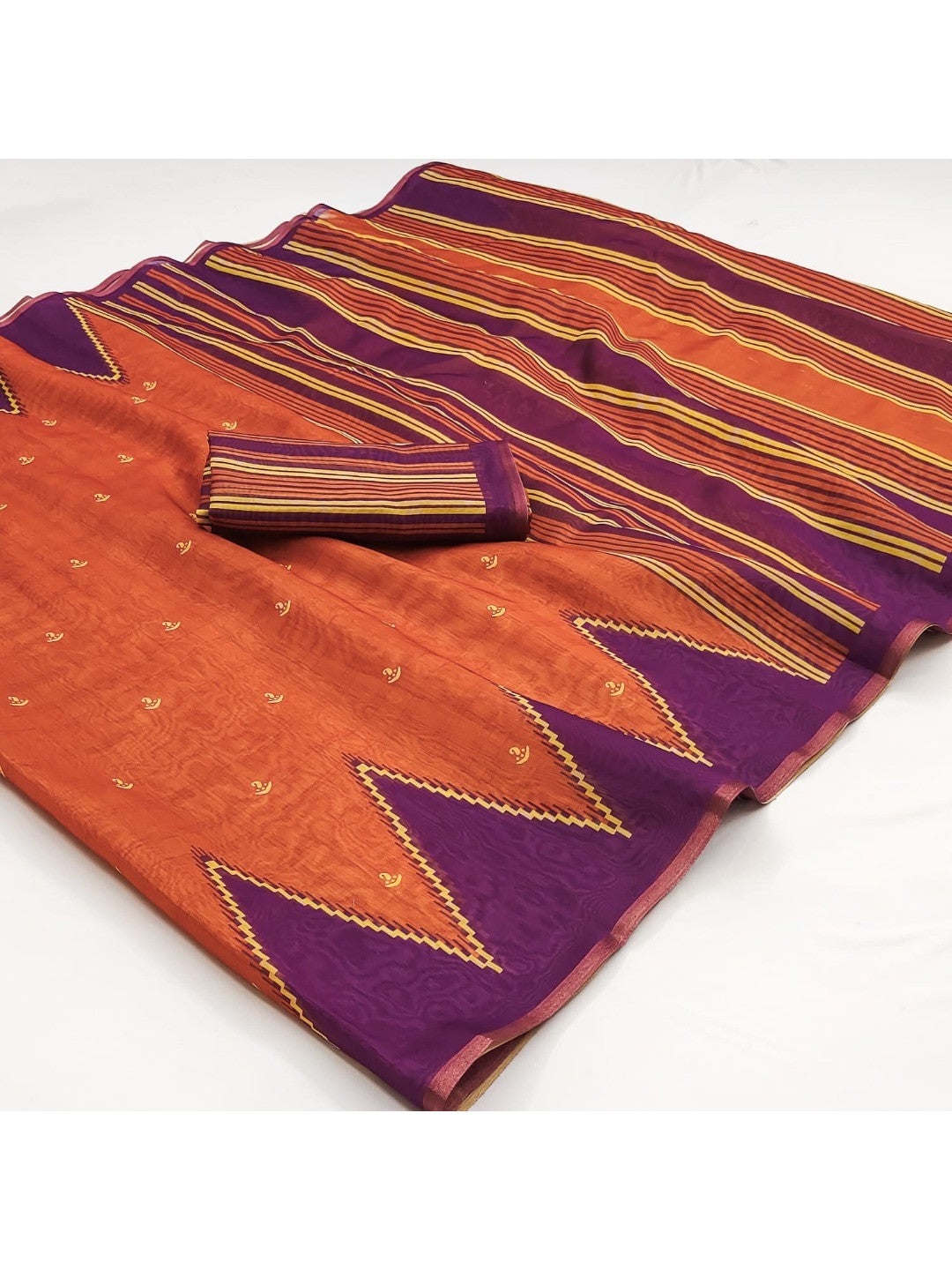 Luxury Orange Zig Zag & Striped Printed Chanderi Silk Saree With Weaving Border - Image 2