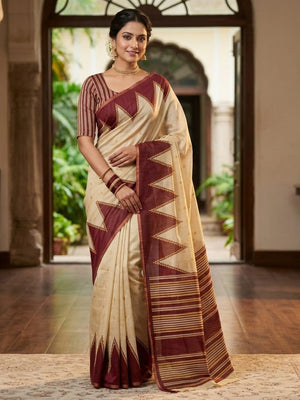 Elegant Cream Chanderi Silk Saree with Geometric Border - Image 1