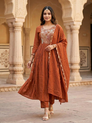 Designer Rust Mul Chanderi A-Line Suit Set with Fine Thread Embroidery for Timeless Ethnic Elegance - Image 1