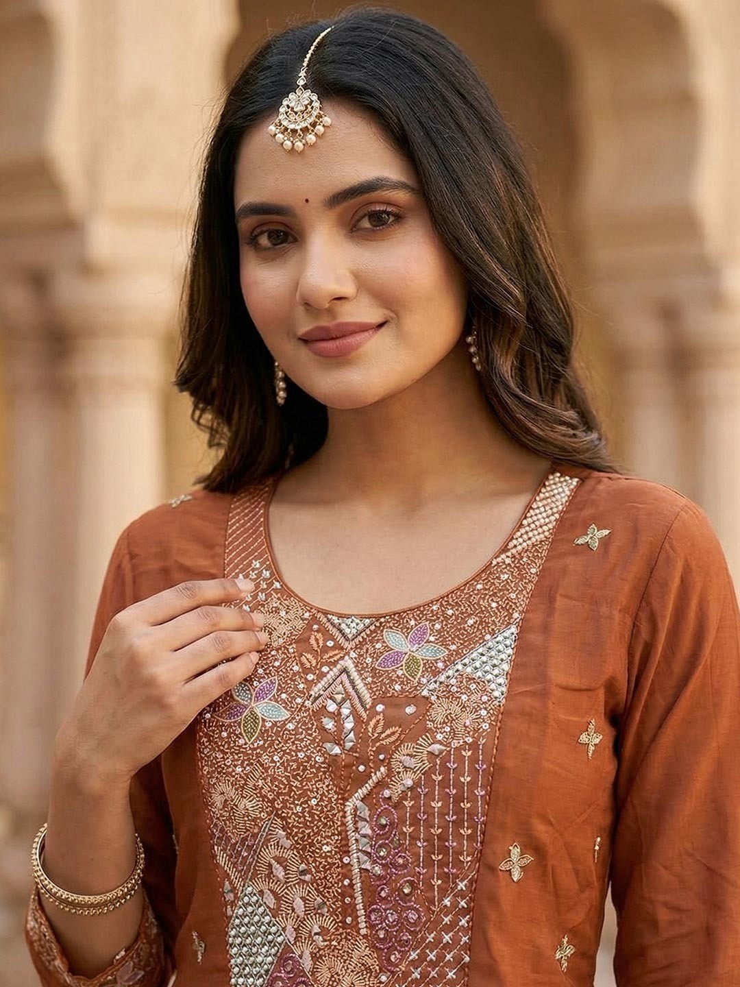 Designer Rust Mul Chanderi A-Line Suit Set with Fine Thread Embroidery for Timeless Ethnic Elegance - Image 4