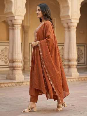 Designer Rust Mul Chanderi A-Line Suit Set with Fine Thread Embroidery for Timeless Ethnic Elegance - Image 2