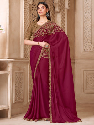 Magenta Satin Saree with Elegant Embroidered Border Work and Modern Ethnic Appeal - Image 1