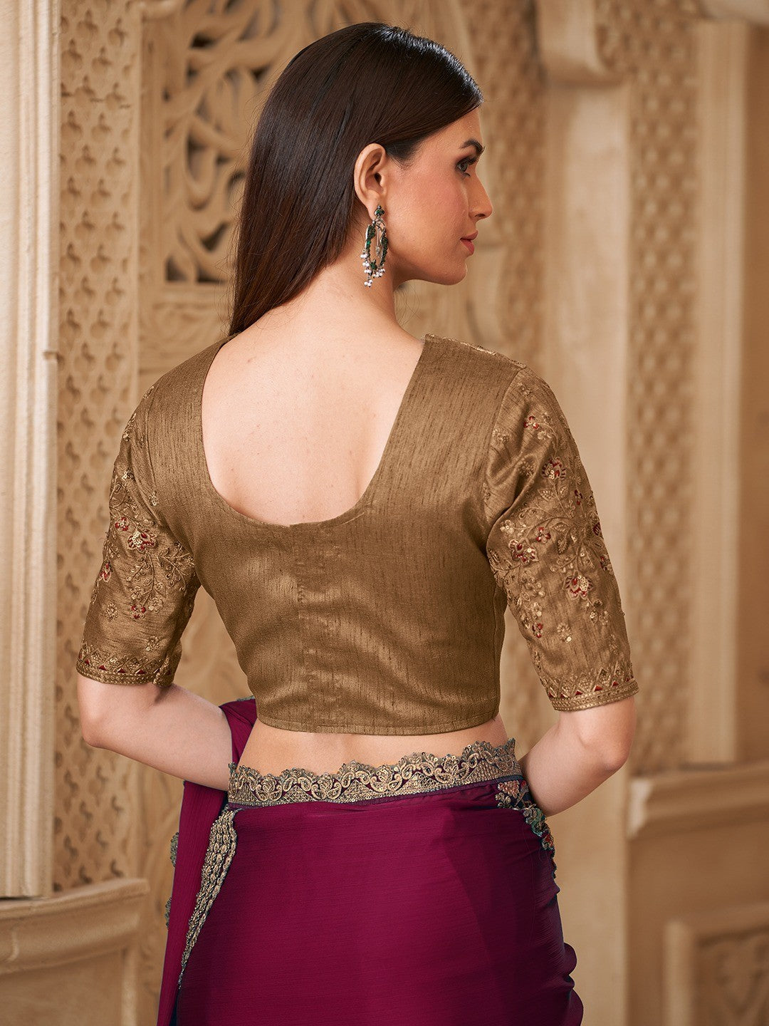 Magenta Satin Saree with Elegant Embroidered Border Work and Modern Ethnic Appeal - Image 6