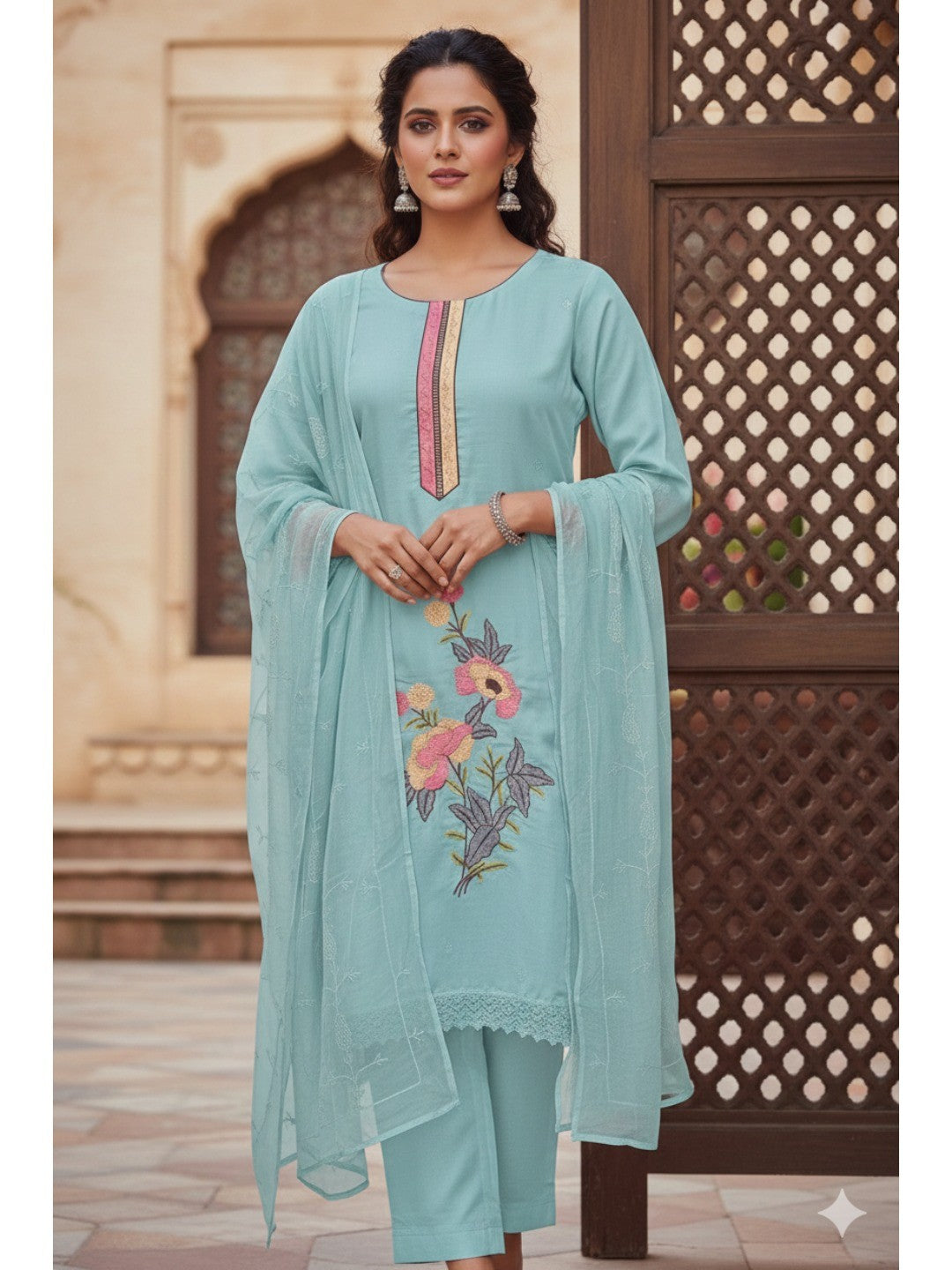 Elegant Sky Blue Floral Embroidery Roman Art Silk Dress Material With Sparkling Swarovski - Image 2
