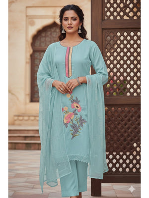 Elegant Sky Blue Floral Embroidery Roman Art Silk Dress Material With Sparkling Swarovski - Image 2