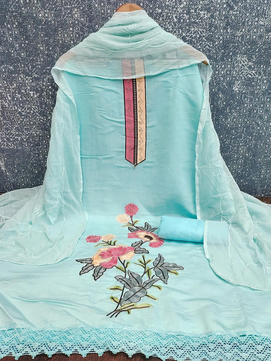 Elegant Sky Blue Floral Embroidery Roman Art Silk Dress Material With Sparkling Swarovski - Image 5