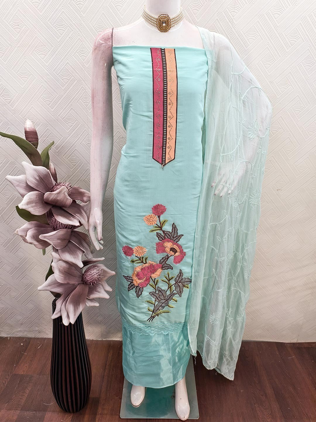 Elegant Sky Blue Floral Embroidery Roman Art Silk Dress Material With Sparkling Swarovski - Image 3