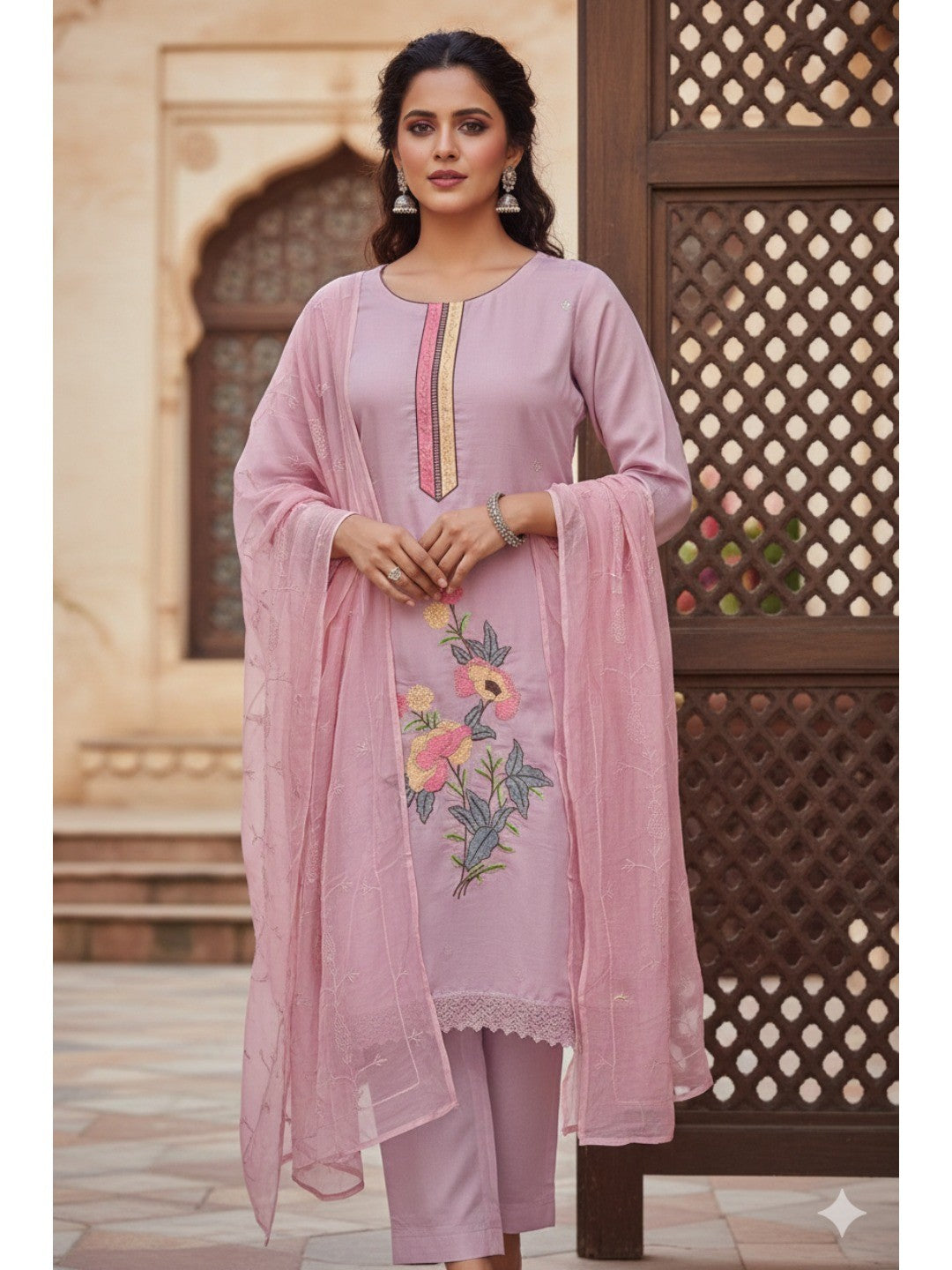 Elegant Pink Floral Embroidery Roman Art Silk Dress Material With Sparkling Swarovski - Image 1