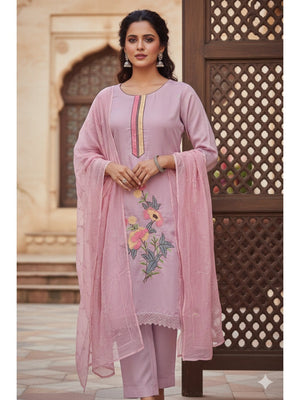 Elegant Pink Floral Embroidery Roman Art Silk Dress Material With Sparkling Swarovski - Image 2