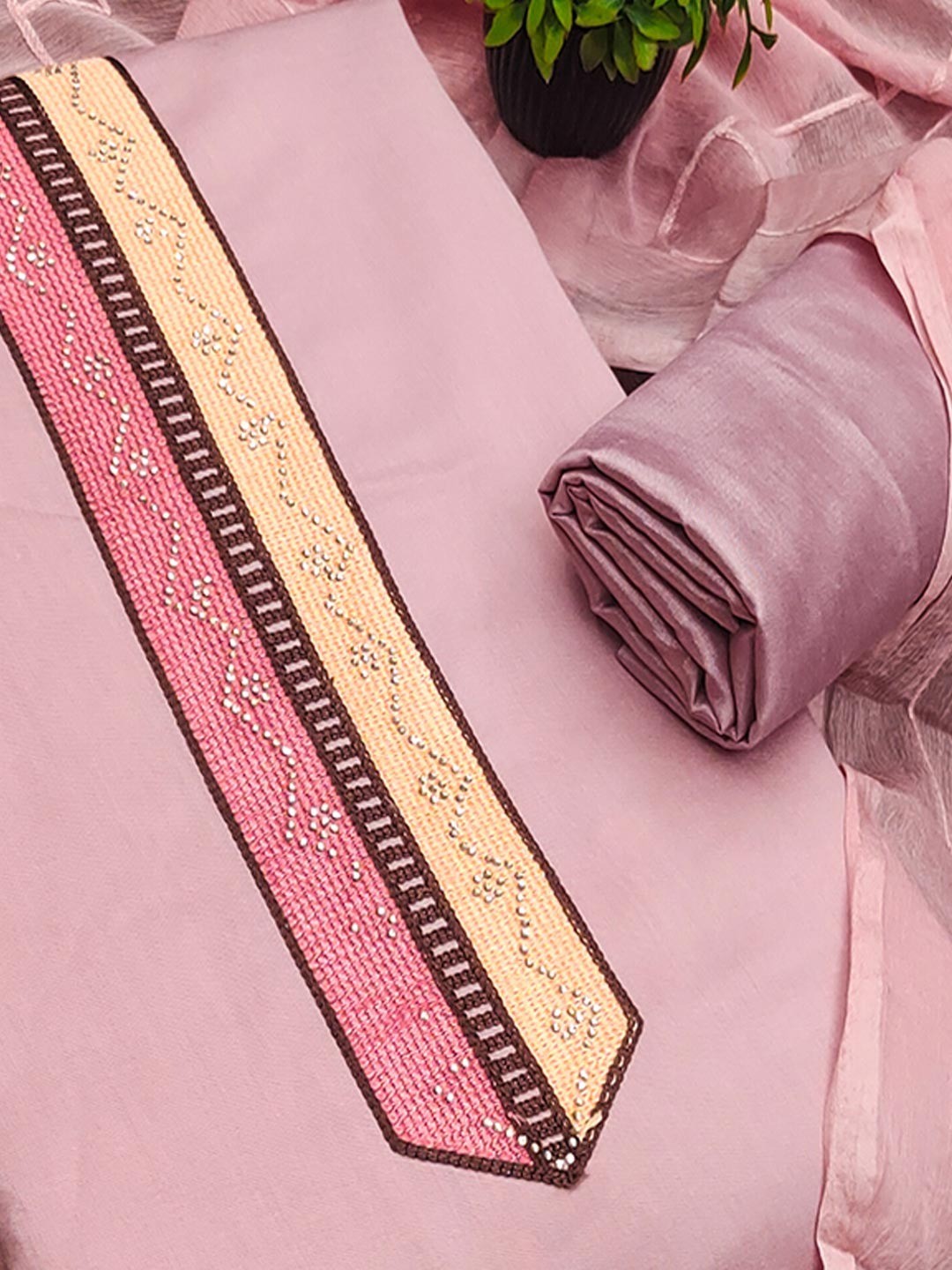 Elegant Pink Floral Embroidery Roman Art Silk Dress Material With Sparkling Swarovski - Image 4