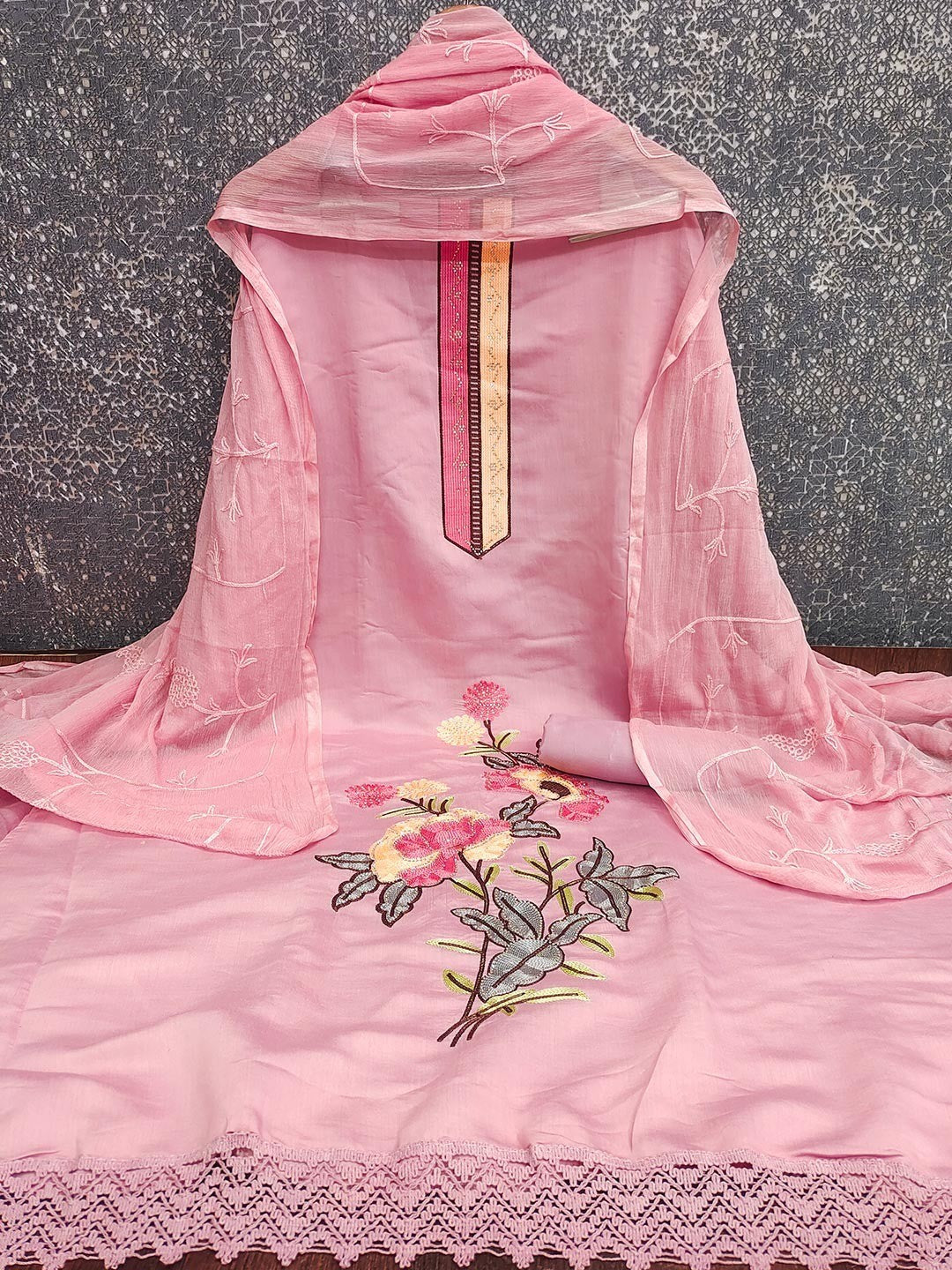 Elegant Pink Floral Embroidery Roman Art Silk Dress Material With Sparkling Swarovski - Image 3