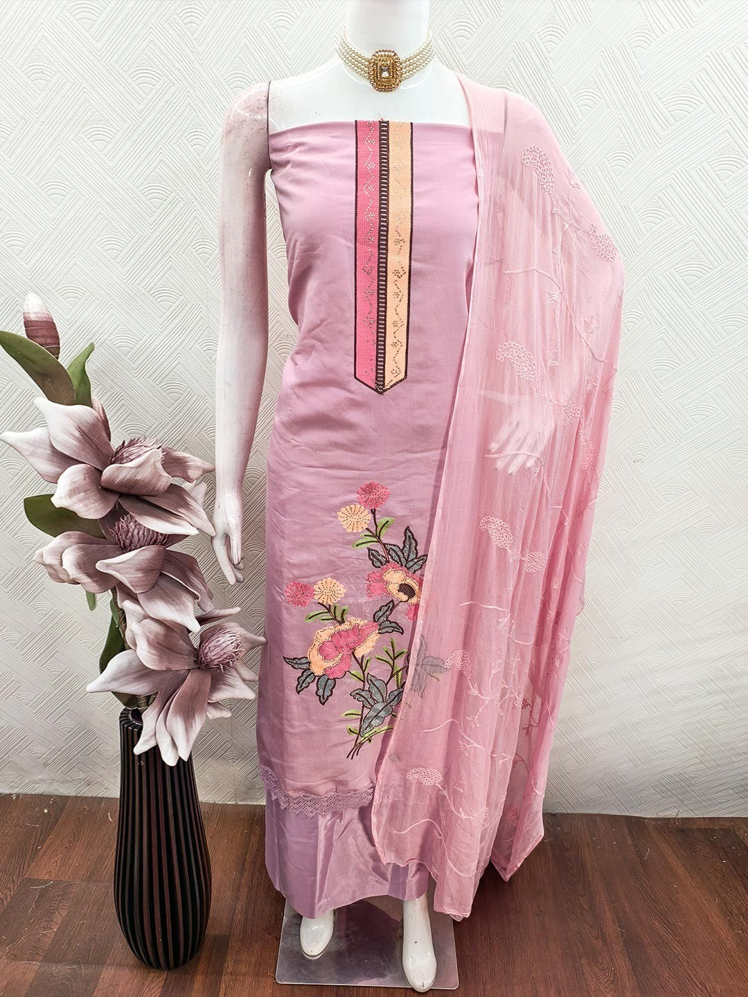 Elegant Pink Floral Embroidery Roman Art Silk Dress Material With Sparkling Swarovski - Image 3
