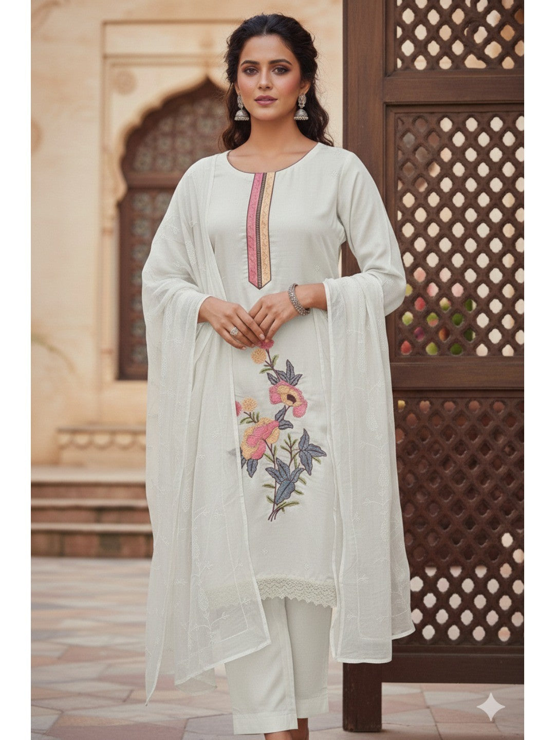 Elegant Cream Floral Embroidery Roman Cotton Silk Dress Material With Sparkling Swarovski - Image 2