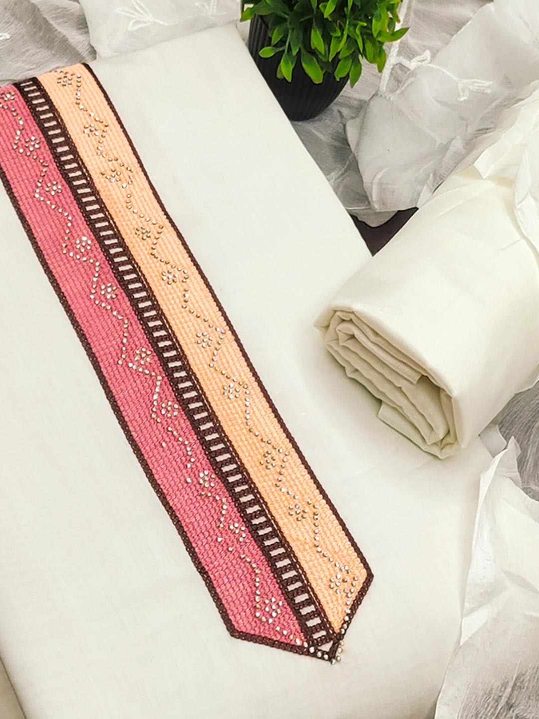 Elegant Cream Floral Embroidery Roman Cotton Silk Dress Material With Sparkling Swarovski - Image 6