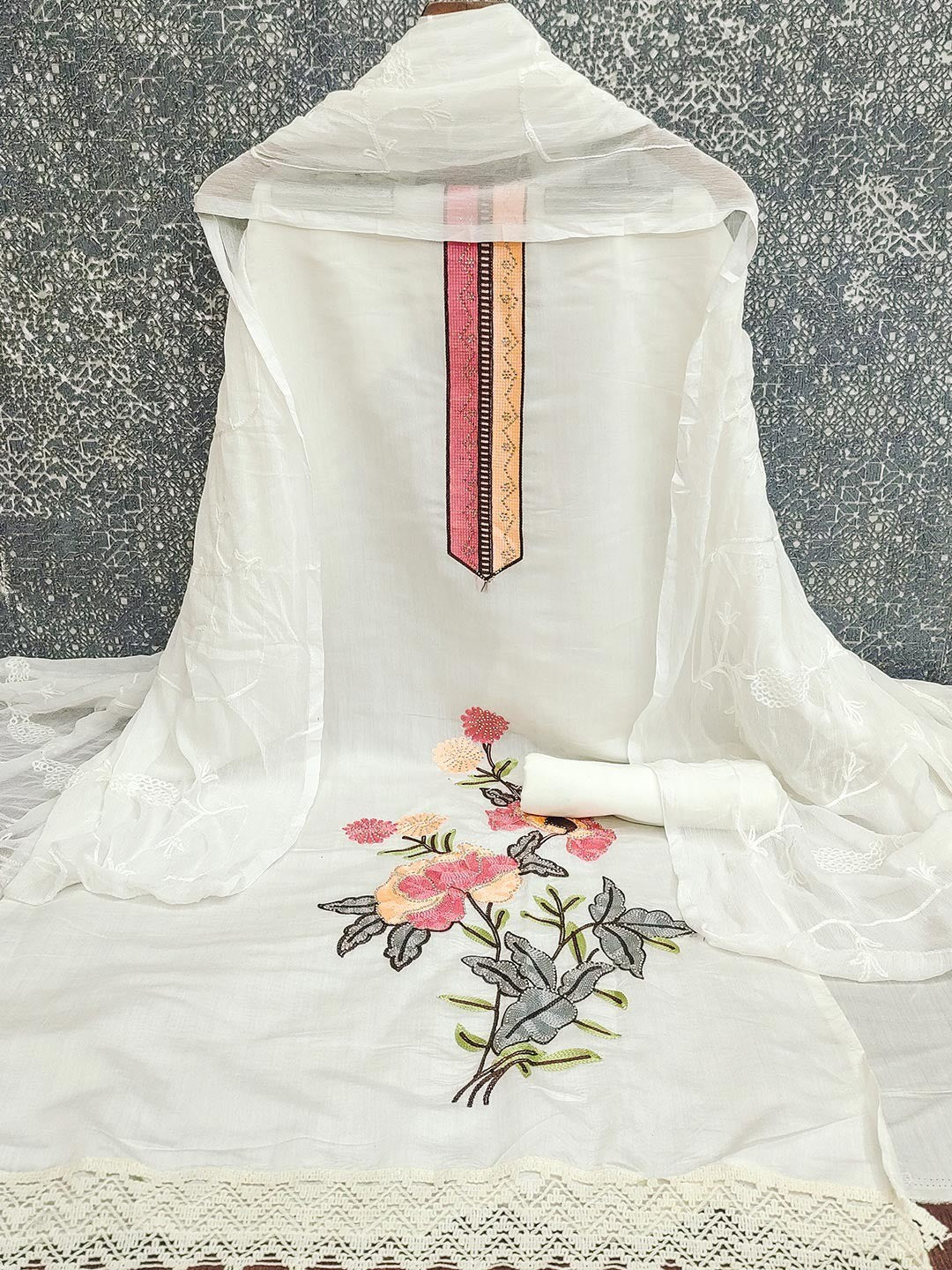 Elegant Cream Floral Embroidery Roman Cotton Silk Dress Material With Sparkling Swarovski - Image 3