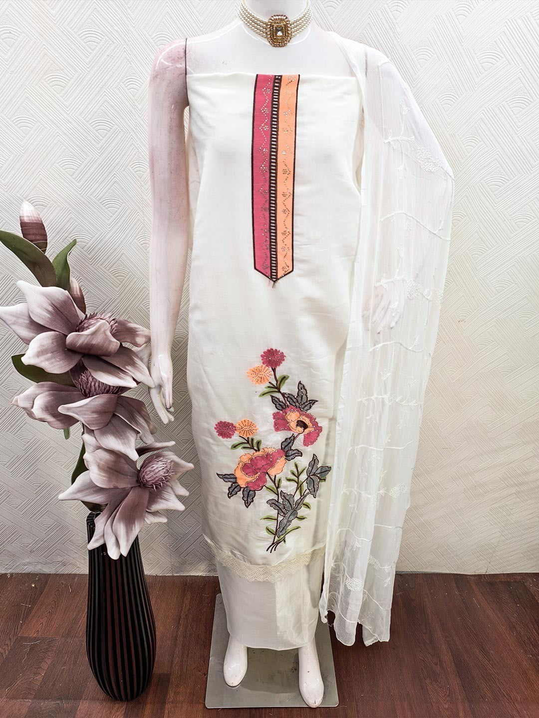Elegant Cream Floral Embroidery Roman Cotton Silk Dress Material With Sparkling Swarovski - Image 4