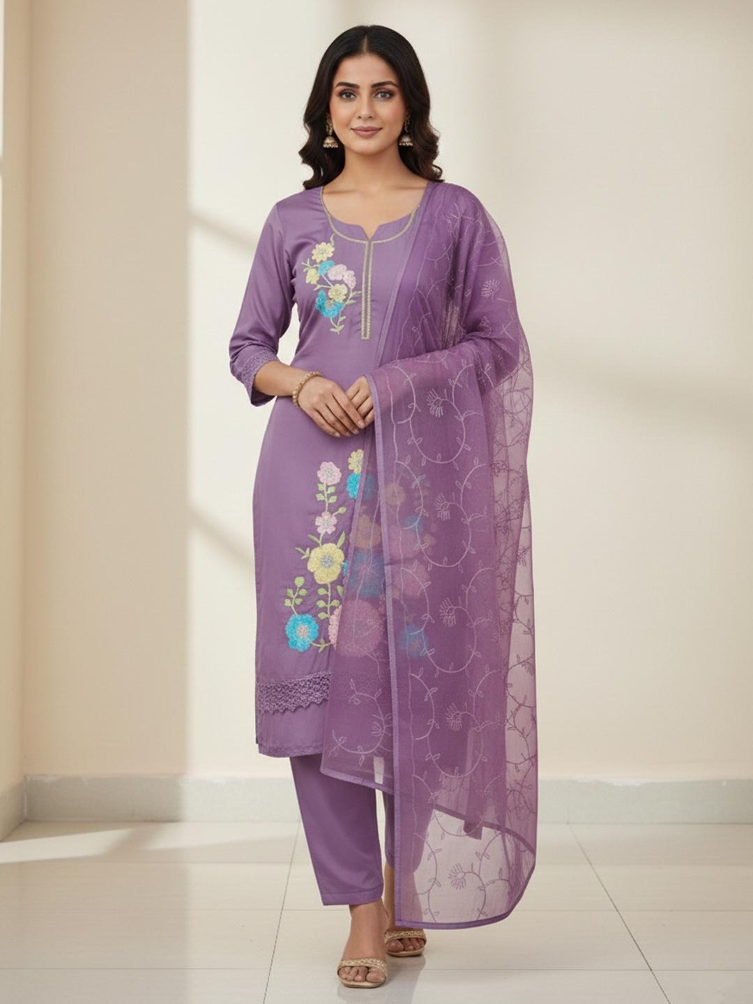 Graceful Lavender Floral Embroidered Roman Art Silk Dress Material Adorned With Swarovski Work - Image 2