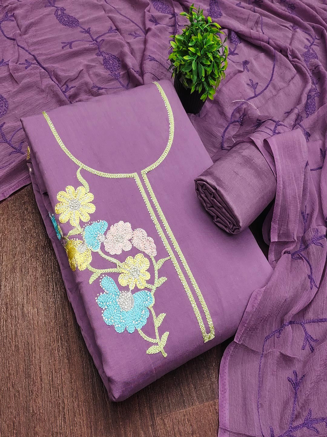 Graceful Lavender Floral Embroidered Roman Art Silk Dress Material Adorned With Swarovski Work - Image 5