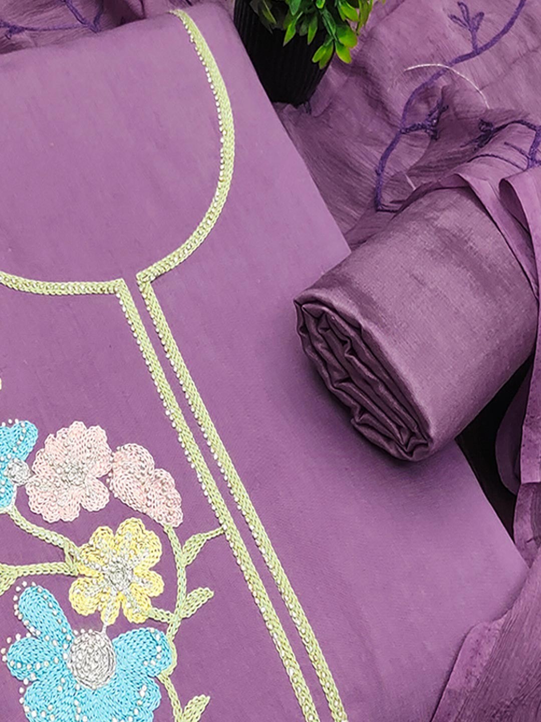 Graceful Lavender Floral Embroidered Roman Art Silk Dress Material Adorned With Swarovski Work - Image 6