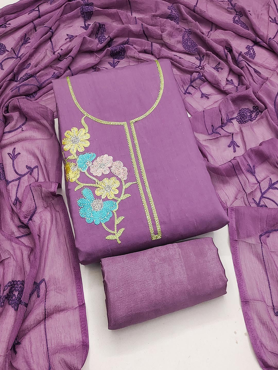 Graceful Lavender Floral Embroidered Roman Art Silk Dress Material Adorned With Swarovski Work - Image 1