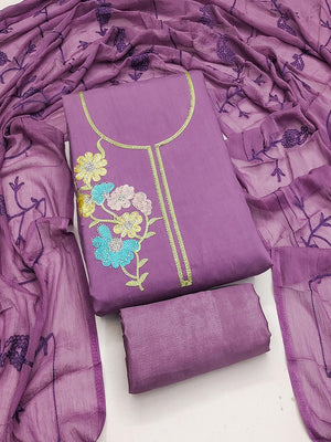 Graceful Lavender Floral Embroidered Roman Art Silk Dress Material Adorned With Swarovski Work - Image 1