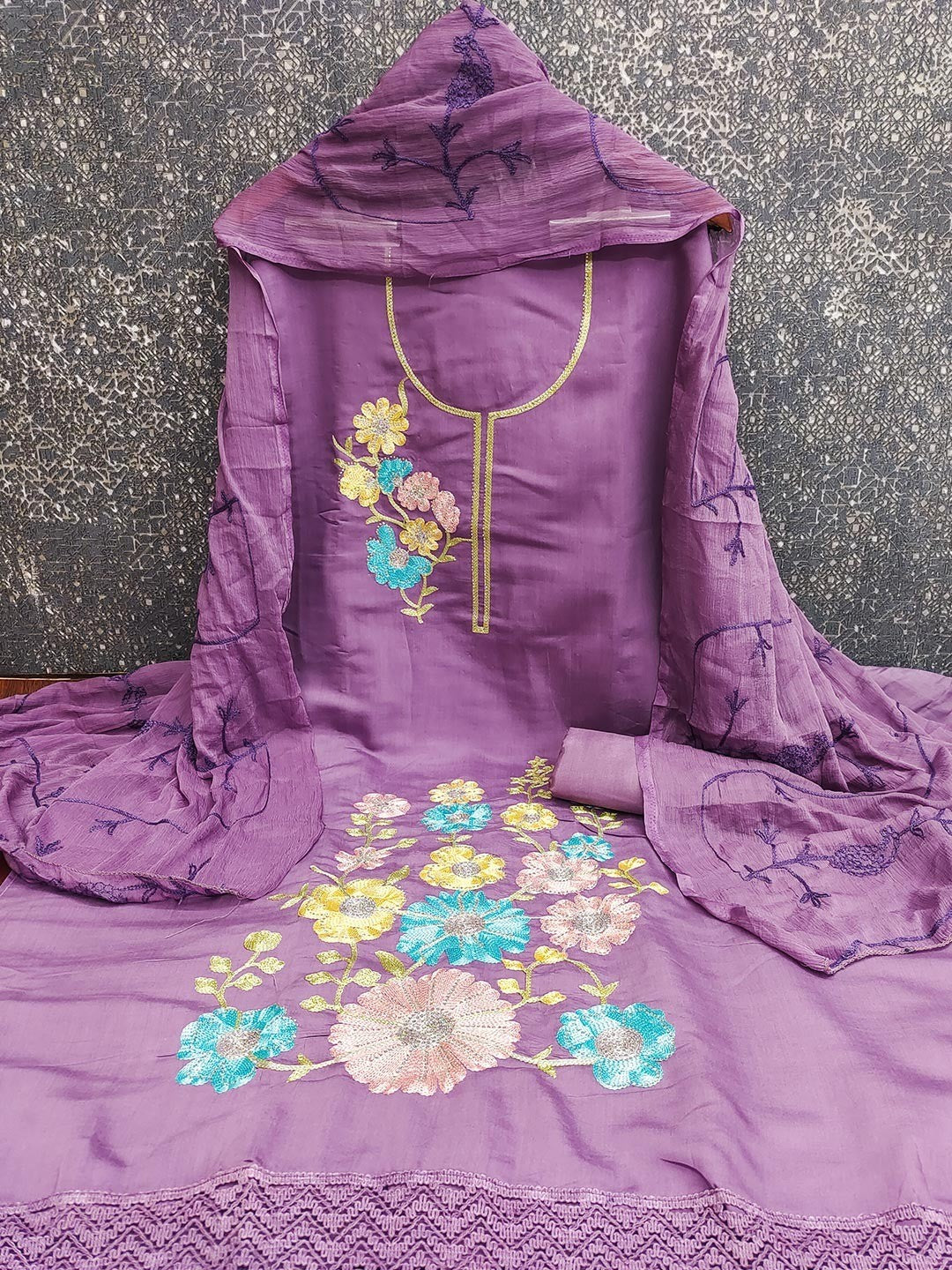 Graceful Lavender Floral Embroidered Roman Art Silk Dress Material Adorned With Swarovski Work - Image 3
