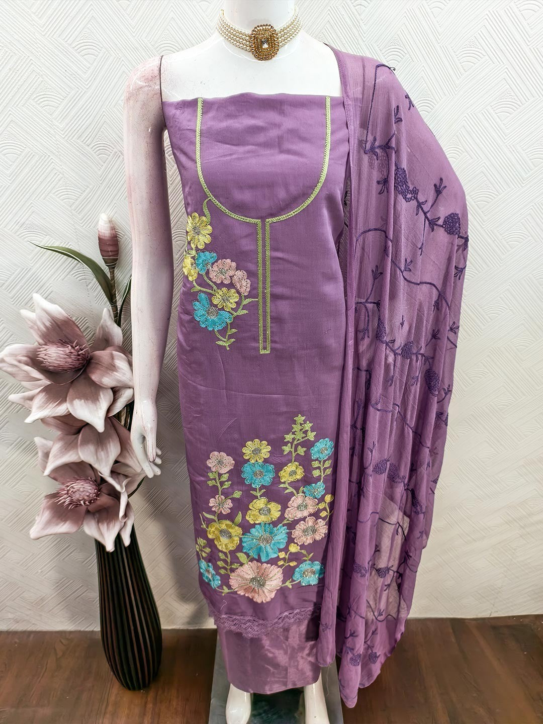 Graceful Lavender Floral Embroidered Roman Art Silk Dress Material Adorned With Swarovski Work - Image 4
