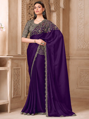Purple Satin Saree with Elegant Embroidered Border Work and Modern Ethnic Appeal - Image 1