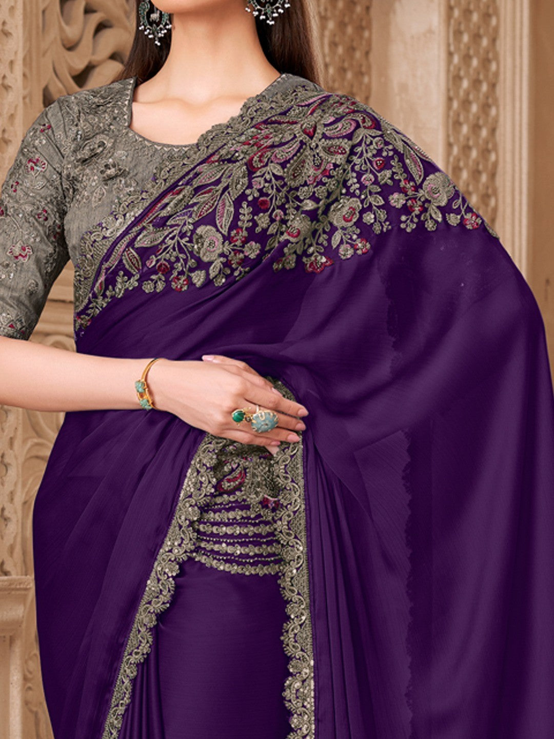 Purple Satin Saree with Elegant Embroidered Border Work and Modern Ethnic Appeal - Image 3