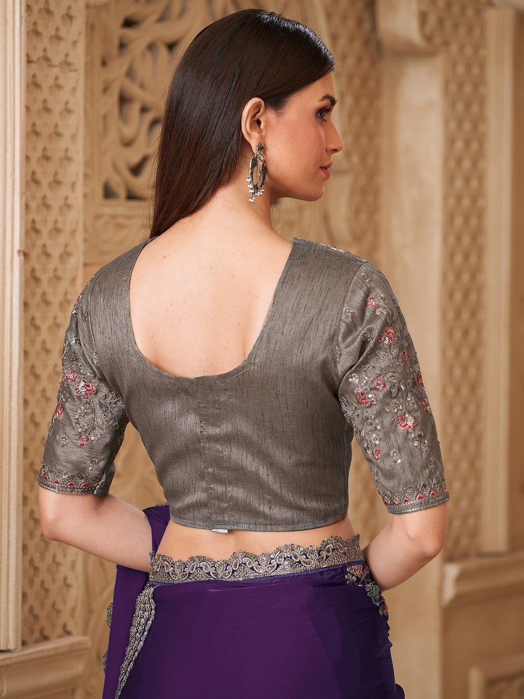 Purple Satin Saree with Elegant Embroidered Border Work and Modern Ethnic Appeal - Image 3